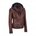 Women Maroon Hooded Short Length Leather Jacket ML 5055
