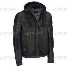 Mens Removable Fleece Hoodie Black Denim Jacket With Artificial Leather Sleeves