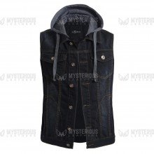 Mens Removable Fleece Hoodie Sleeveless Black Denim Jacket