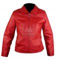 Women Red Short Zippered Leather Jacket ML 7363