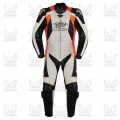 Mens King One Piece Leather Motorcycle Racing Suit ML 7077S - Orange/White/Black