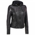 Women Hooded Black Sheepskin Leather Jacket ML 5066