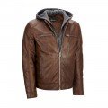 Mens Fleece Hooded Distressed Brown Leather Jacket ML 5009