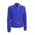 Women Blue Suede Leather Bomber Jacket ML 5062